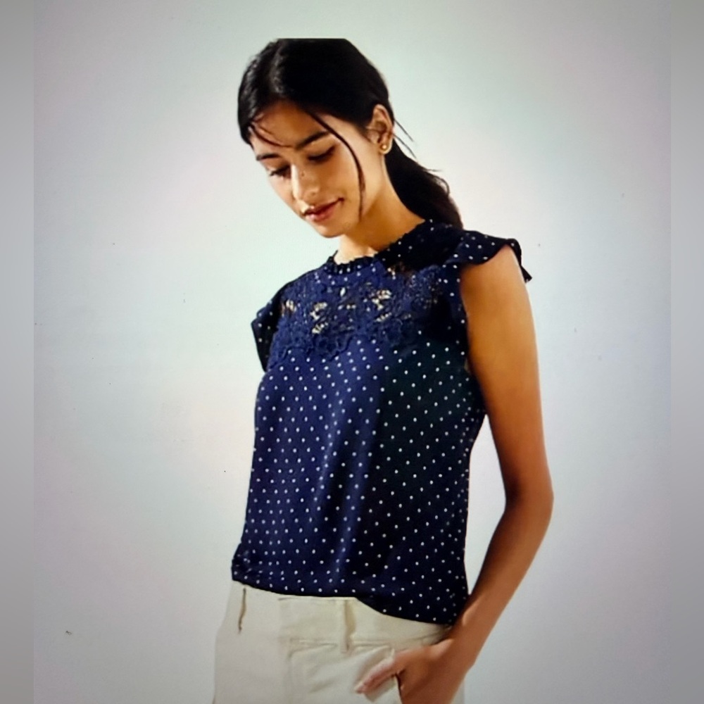 Loft Sleeveless Navy Polka Dot Lace detail Top - med
